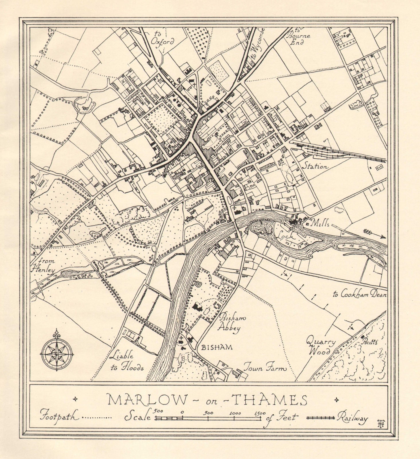 Town plan of MARLOW, Buckinghamshire. Thames Valley 1929 old vintage map chart